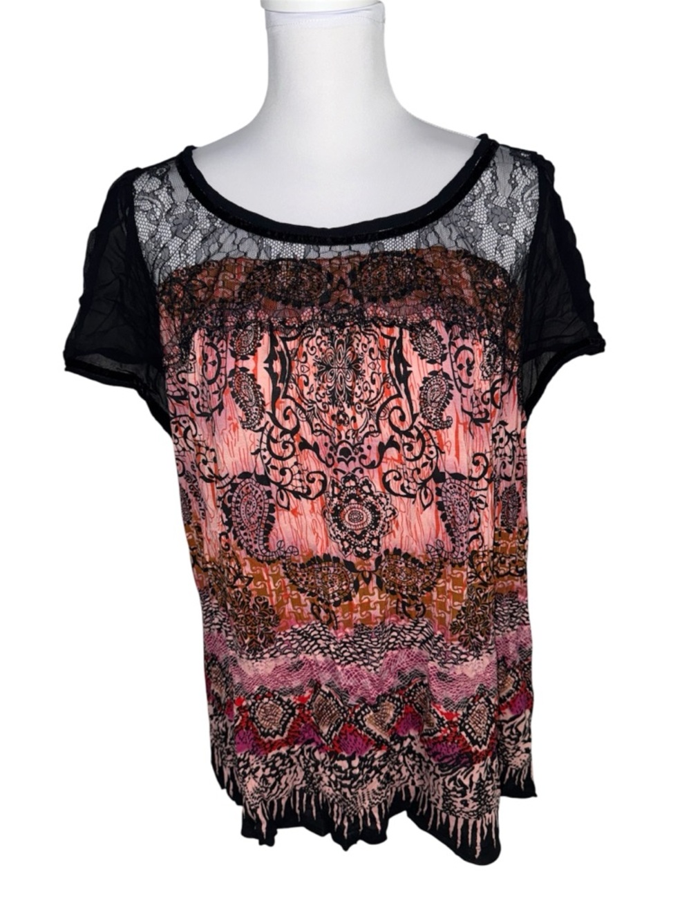 Bila Blouse XXL Boho Sheer Lace Yoke Pink Black Print Short Sleeve Top